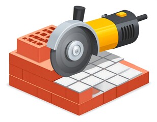 Isometric illustration of a circular saw cutting through ceramic tiles laid on a brick wall