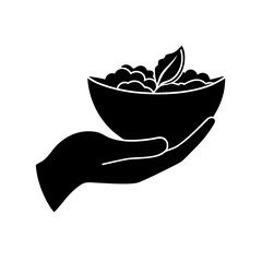 Silhouette vector art of a hand holding a bowl of salad, minimal clean black solid shape, white background, stock vector design