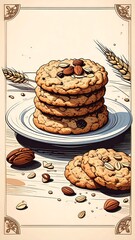 Stack of oatmeal raisin cookies on a plate, with scattered nuts and grains