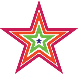 Obraz premium A stylized multi-layered star graphic in vibrant shades of blue, green, pink, and orange, with sharp points and concentric outlines, creating a dynamic visual effect for design and decoration purposes
