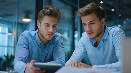 Two young men working together on tablet device