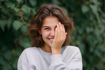 A young woman playfully covering one eye with her hand, and smiling charmingly at the camera. A captivating moment of playful expression