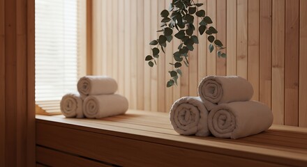 Spa Room with Rolled Towels and Greenery on Wooden Bench in Warm Natural Light