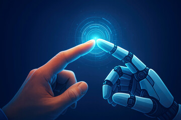 Close-up of human and robot fingers touching with a glowing digital connection artificial intelligence