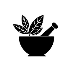 Silhouette vector art of herbal leaves with a mortar and pestle, minimal clean black solid shape, white background, stock vector illustration