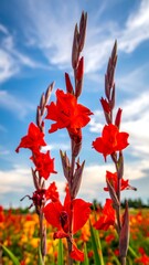 Vibrant red flowers stand tall against a partly cloudy sky,  with other flowers in the background