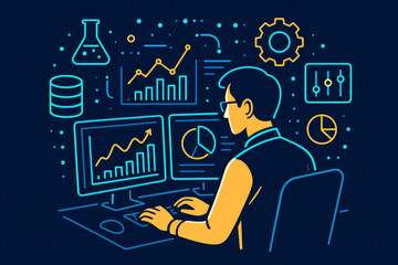 Data Scientist Analyzing Trends on Computer Screens with Scientific and Data Icons charts graphs