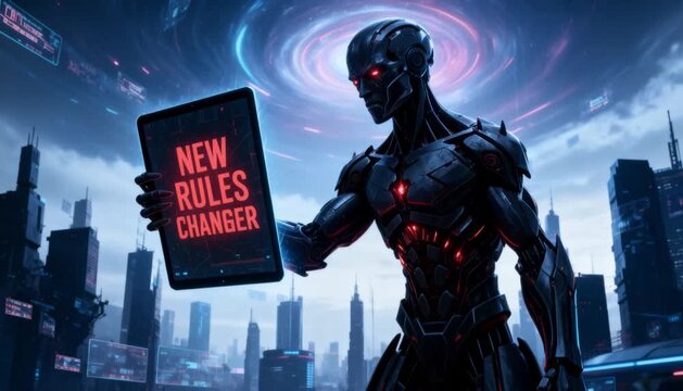 A powerful robot stands in a futuristic city holding a glowing tablet that reads "New Rules Changer," symbolizing disruptive AI.