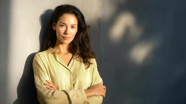 A woman poses confidently, the assured scene illuminated by gentle sunlight. Woman, confident, with copy space