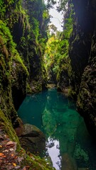 Deep, emerald pool nestled in a verdant canyon