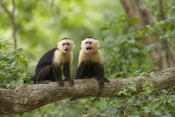 Fototapeta premium Two monkeys on a branch One has its mouth open