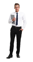 Young businessman with laptop on white background