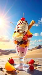 Vibrant sundae in desert setting