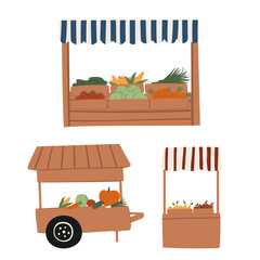 Obraz premium Illustration of farm market set: wooden cart, stalls filled with pumpkins, carrots, corn, leafy greens, cucumbers, onions, tomatoes, cabbage, apples, pears under canopies. Fresh produce display.