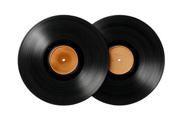 Two black vinyl records with light wood-colored labels, arranged on a black background
