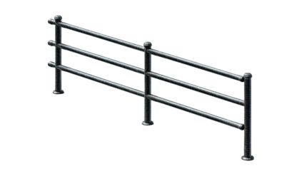 A metallic, stylized three-railed fence, with rounded posts and horizontal bars, against a black backdrop