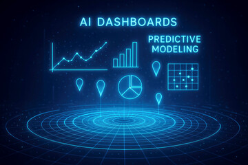 Futuristic AI dashboard with charts and predictive modeling graphics artificial intelligence data