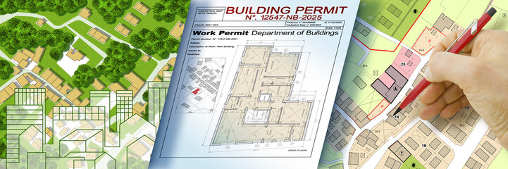 BUILDING PERMIT APPLICATION CONCEPT with architectural floor plan, urban planning documents, rolled maps, and digital cadastral map - Construction and real estate theme