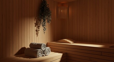 Warm Wooden Sauna Room with Towel Rolls and Soft Lighting for Relaxation