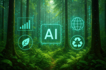 Futuristic AI technology overlay on a lush green forest with digital icons representing sustainability and data