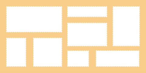 Post stamp rectangle frame vector set. Retro postal border template. Vintage label shapes. Perforated edge rectangular shape silhouette. White stamps isolated