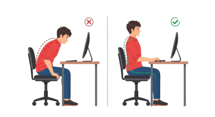 Correct vs incorrect posture sitting at computer desk isolated on transparent background