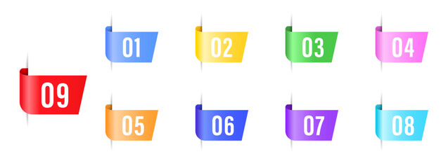 Number bullet point 1 to 9 vector set in multi color. Numbers design template for website. Infographics markers. Triangle number bullet point icon arrow set. Vector illustration