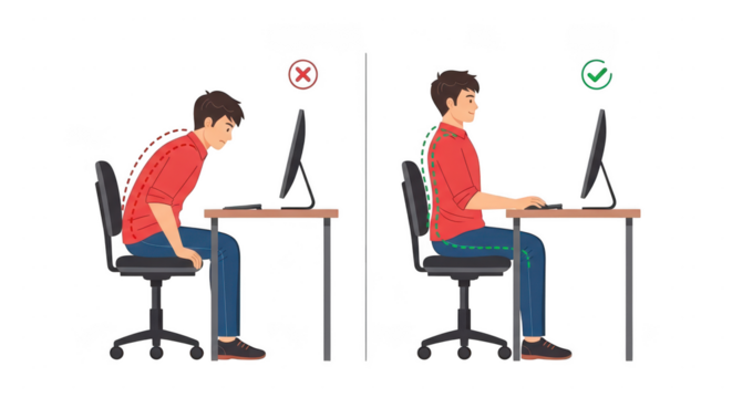 Correct vs incorrect posture sitting at computer desk isolated on transparent background