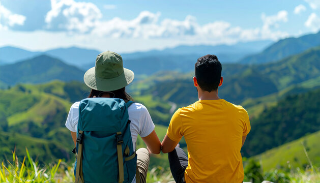 Couple Sitting Together Enjoying Mountain Valley View After Successful Hike