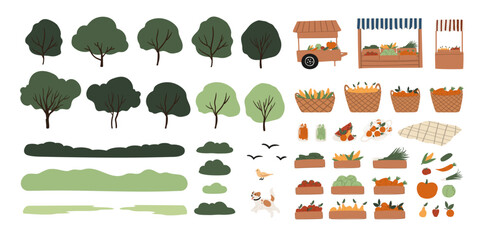 Illustration set of elements of farmers market and eco park: wooden crates and wicker baskets with pumpkins, carrots, corn, apples, pears, tangerines, leafy greens, trees. Flat vector illustration.
