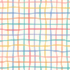 Multicolored Checkered Striped pattern. Wavy hand drawn line. Gingham check plaid texture. Playful geometric checker mosaic grid background