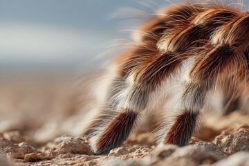 Closeup of a grammostola spider walking on the desert ground in Arizona, showcasing its hairy legs and feet as it navigates the sandy terrain