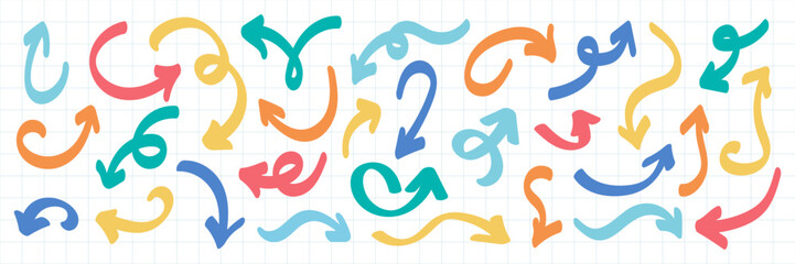 Fototapeta premium Doodle sketch arrows collection isolated. Playful multicolored curved arrow vector graphic set. Education infographic presentation icon