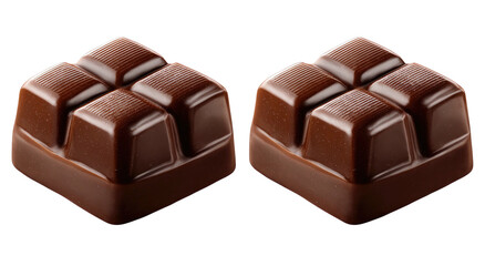 Two square chocolate candies with raised squares on top, against a black background