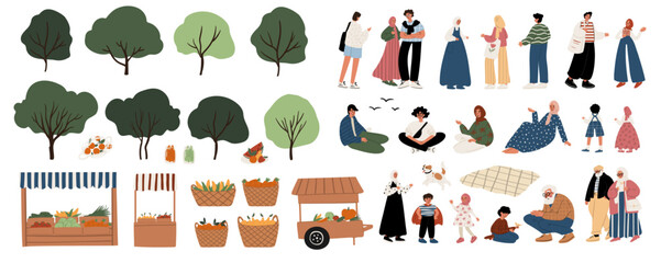 Illustration set of elements for farmers market and park: Muslim men and women in hijabs, kids and adults in diverse poses and actions; trees, wooden crates, box and basket with fruits and vegetables