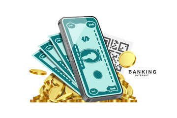 Dollar bills and gold coins or money come out of a smartphone after scanning a QR code with a banking application, vector 3d isolated on white background for internet banking, financial concept design