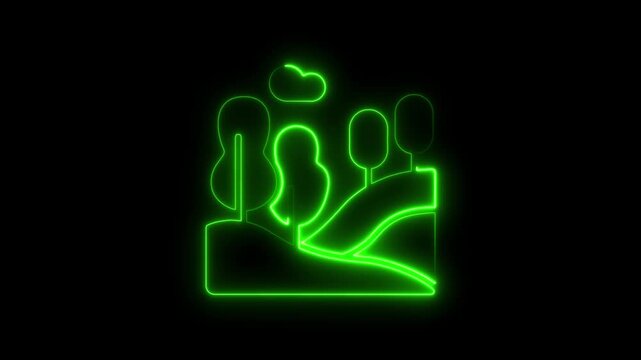 Glowing green neon landscape silhouette with trees clouds and rolling hills over black background