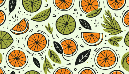seamless and continuous vector pattern with oranges and leaves in a doodle artwork