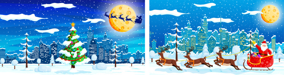 Naklejka premium Santa claus in sleigh and reindeer flying over night city skyline. Winter holiday background with christmas tree for greeting card.