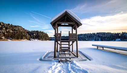 Wooden watchtower on a frozen lake, snowy winter