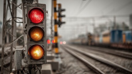 A railroad signal with a red light on top and two yellow lights on the bottom