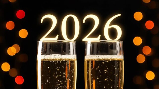 Celebrating 2026 New Year with Champagne Cheers and Festive Bokeh Background Champagne Toast Countdown
