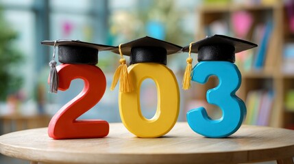 203 displayed in red yellow blue capped with mortarboards on a wooden surface against a blurred background