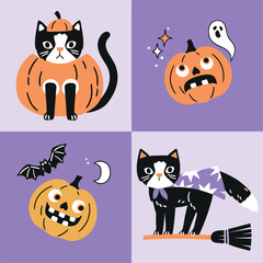 Set of cute vector Halloween cats and pumpkins. Hand drawn creepy Halloween clipart on isolated background. Perfect for sticker, tee shirt logo, greeting card, poster or nursery print design. 