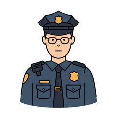 A detailed illustration of a police officer in uniform featuring a cap glasses and badges against a clean white background representing law enforcement and public safety.