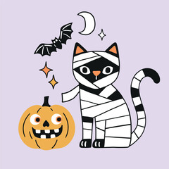 Cute vector cat with Halloween pumpkin, bat, moon and stars. Hand drawn creepy Halloween clipart on isolated background. Perfect for sticker, tee shirt logo, greeting card, poster or print design.