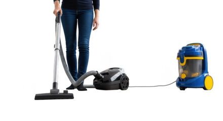 Person with upright and canister vacuum cleaners isolated on transparent background
