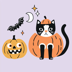 Cute vector cat with Halloween pumpkin, bat, moon and stars. Hand drawn creepy Halloween clipart on isolated background. Perfect for sticker, tee shirt logo, greeting card, poster or print design.