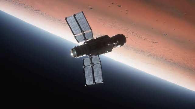 The camera glides past a dark silhouette of a spacecraft orbiting Mars. Its panels shimmer in sunlight as the planet&rsquo;s red surface rolls beneath.