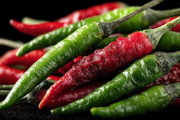 Close up of multiple red and green Chili Peppers arranged on a black background